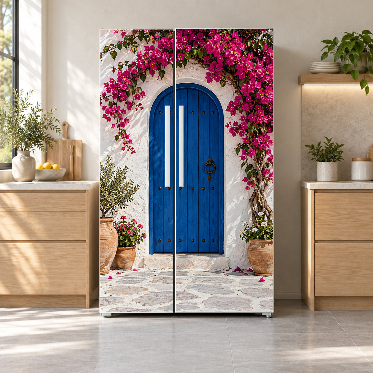 Bougainvillea Mediterranean Wall fridge wrap on a side-by-side refrigerator