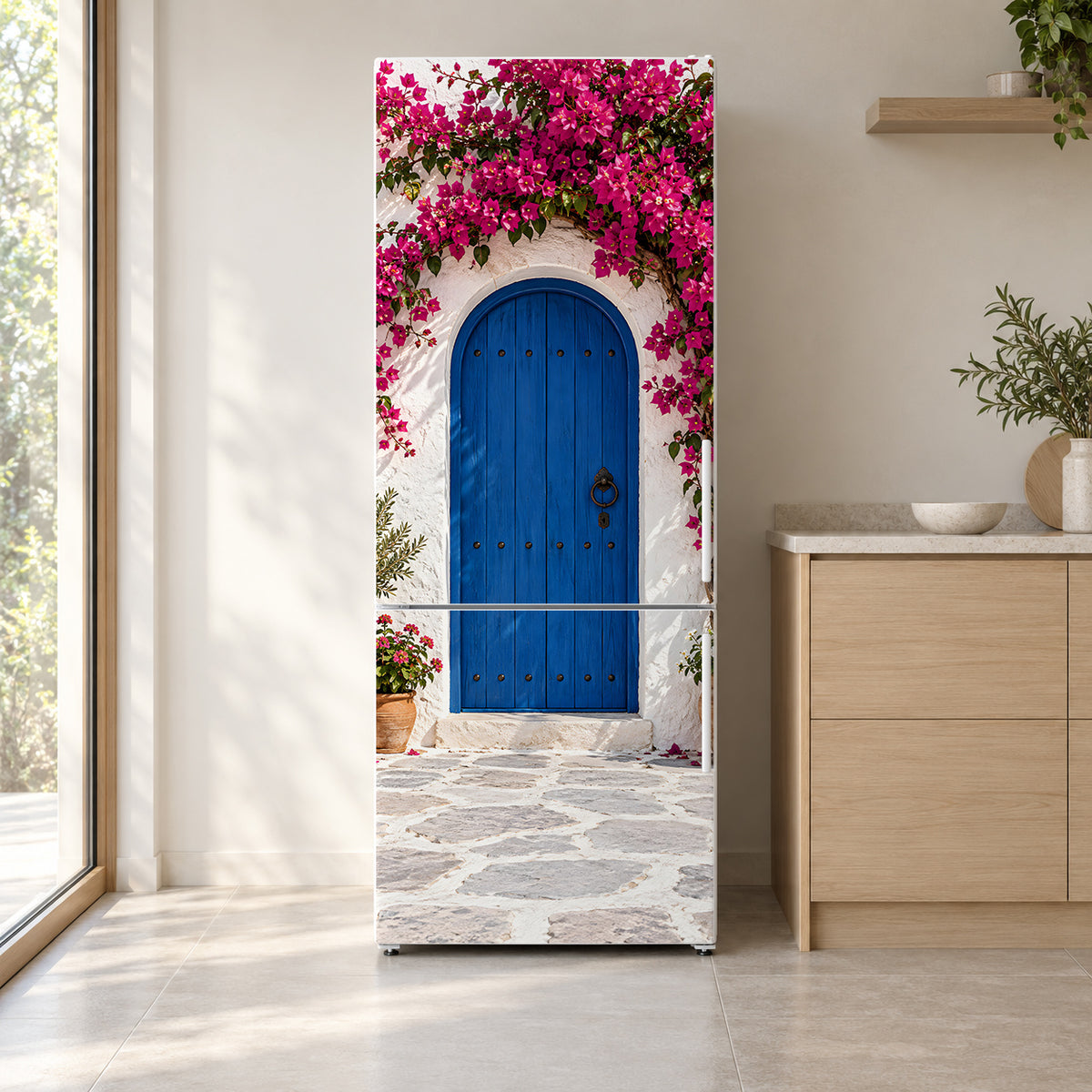 Bougainvillea Mediterranean Wall fridge wrap on a white refrigerator in a bright kitchen