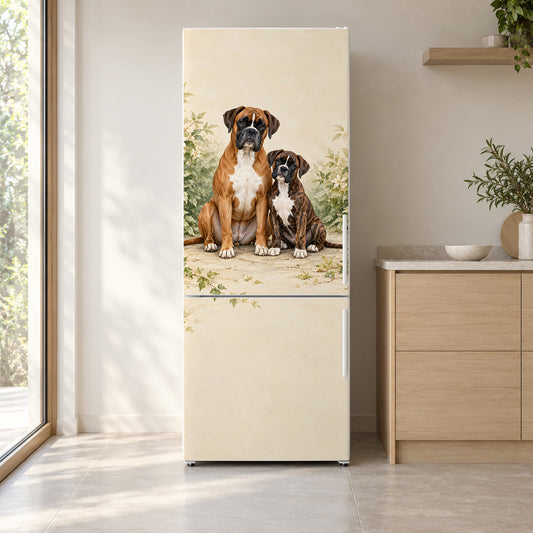 Boxers fridge wrap on a white refrigerator in a bright kitchen