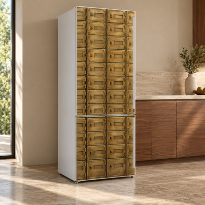 Brass PO Boxes fridge wrap, refrigerator shown at an angle