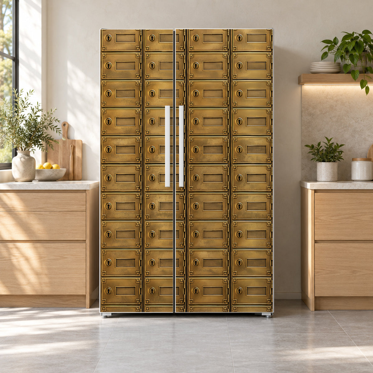 Brass PO Boxes fridge wrap on a side-by-side refrigerator