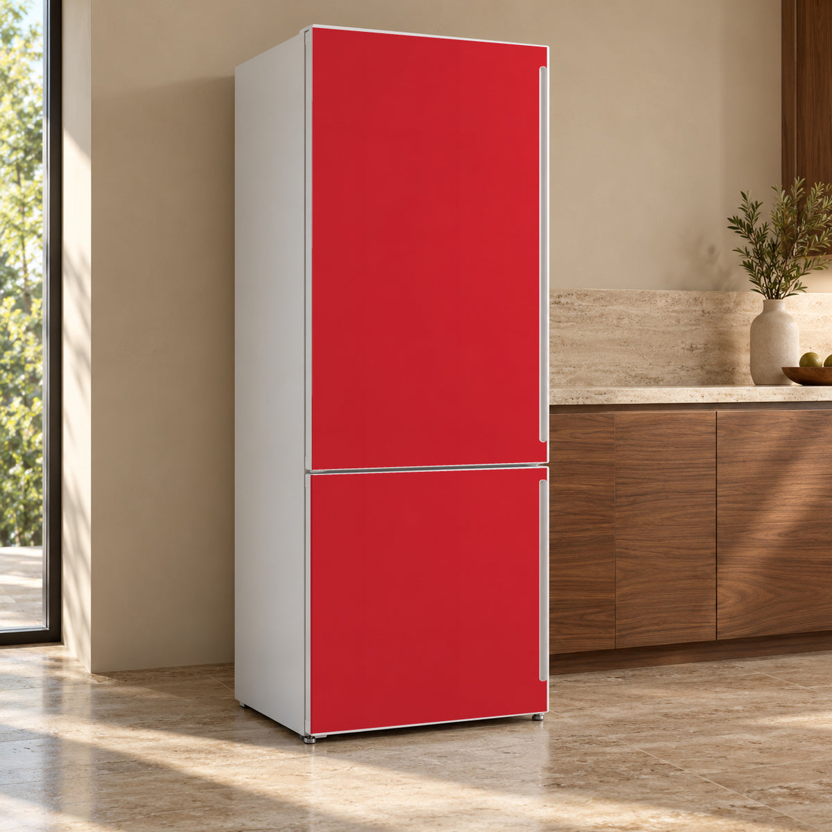 Bright Red fridge wrap, refrigerator shown at an angle