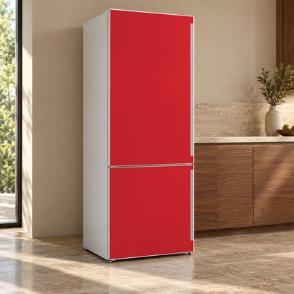Bright Red fridge wrap, refrigerator shown at an angle