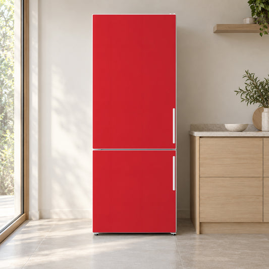Bright Red fridge wrap on a white refrigerator in a bright kitchen