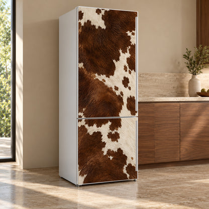 Brown Cowhide fridge wrap, refrigerator shown at an angle