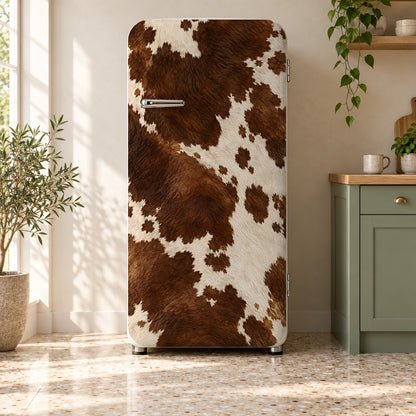Brown Cowhide fridge wrap on a retro refrigerator