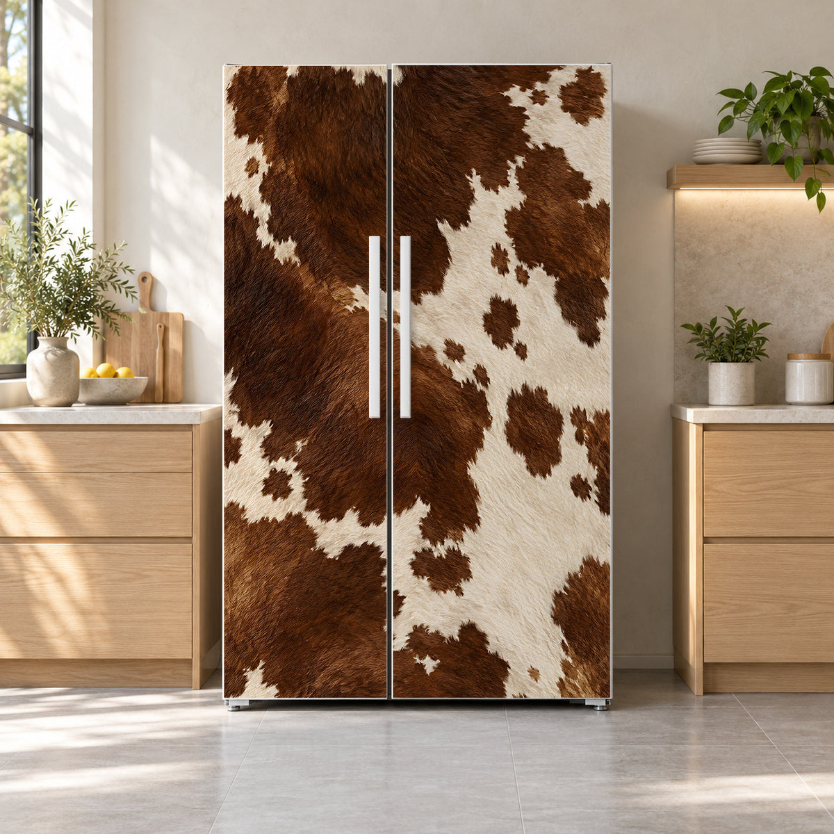 Brown Cowhide fridge wrap on a side-by-side refrigerator