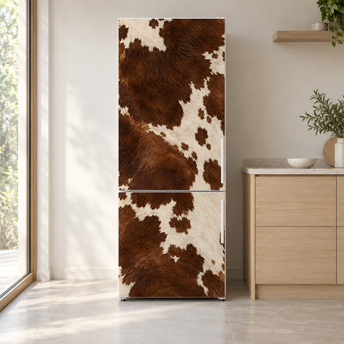 Brown Cowhide fridge wrap on a white refrigerator in a bright kitchen