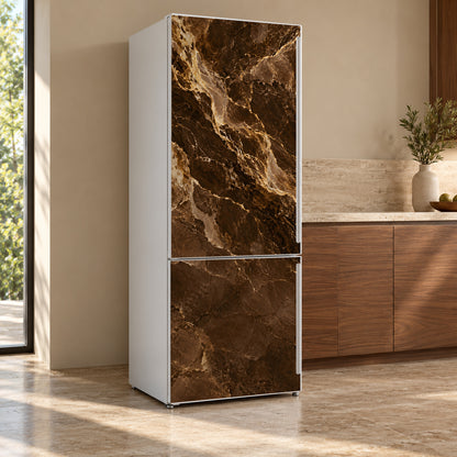 Brown & Gold Marble fridge wrap, refrigerator shown at an angle