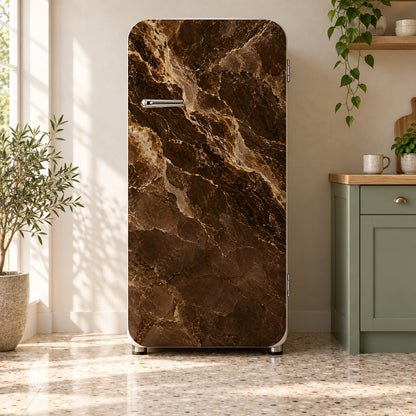 Brown & Gold Marble fridge wrap on a retro refrigerator