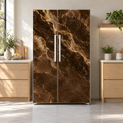 Brown & Gold Marble fridge wrap on a side-by-side refrigerator