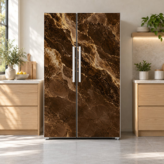 Brown & Gold Marble fridge wrap on a side-by-side refrigerator