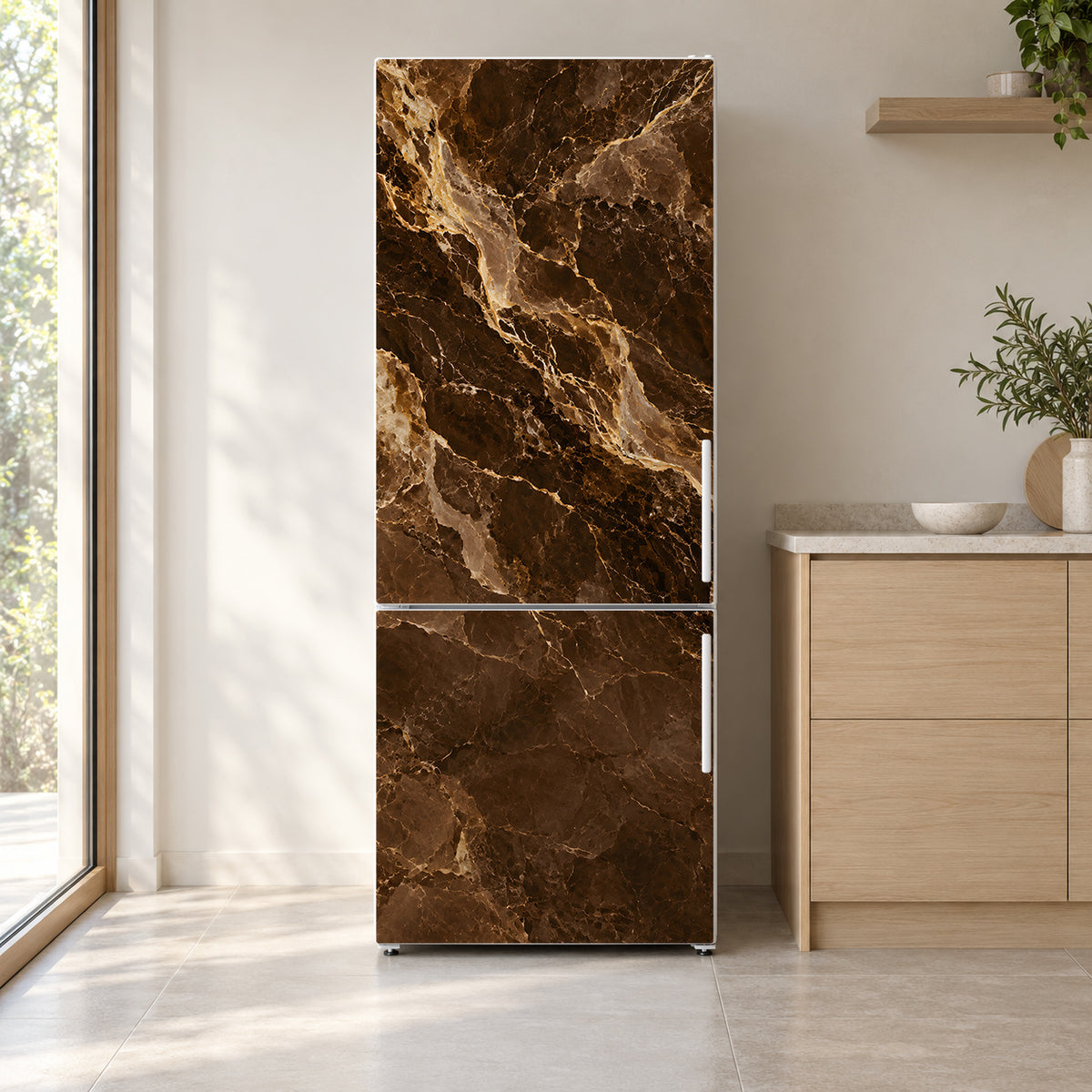 Brown & Gold Marble fridge wrap on a white refrigerator in a bright kitchen