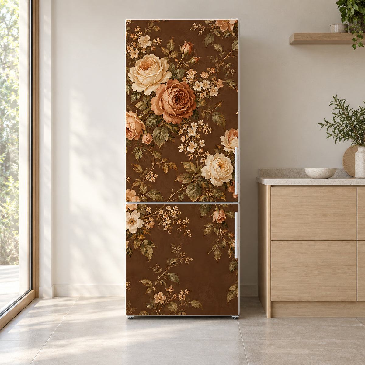 Brown Vintage Floral fridge wrap on a white refrigerator in a bright kitchen