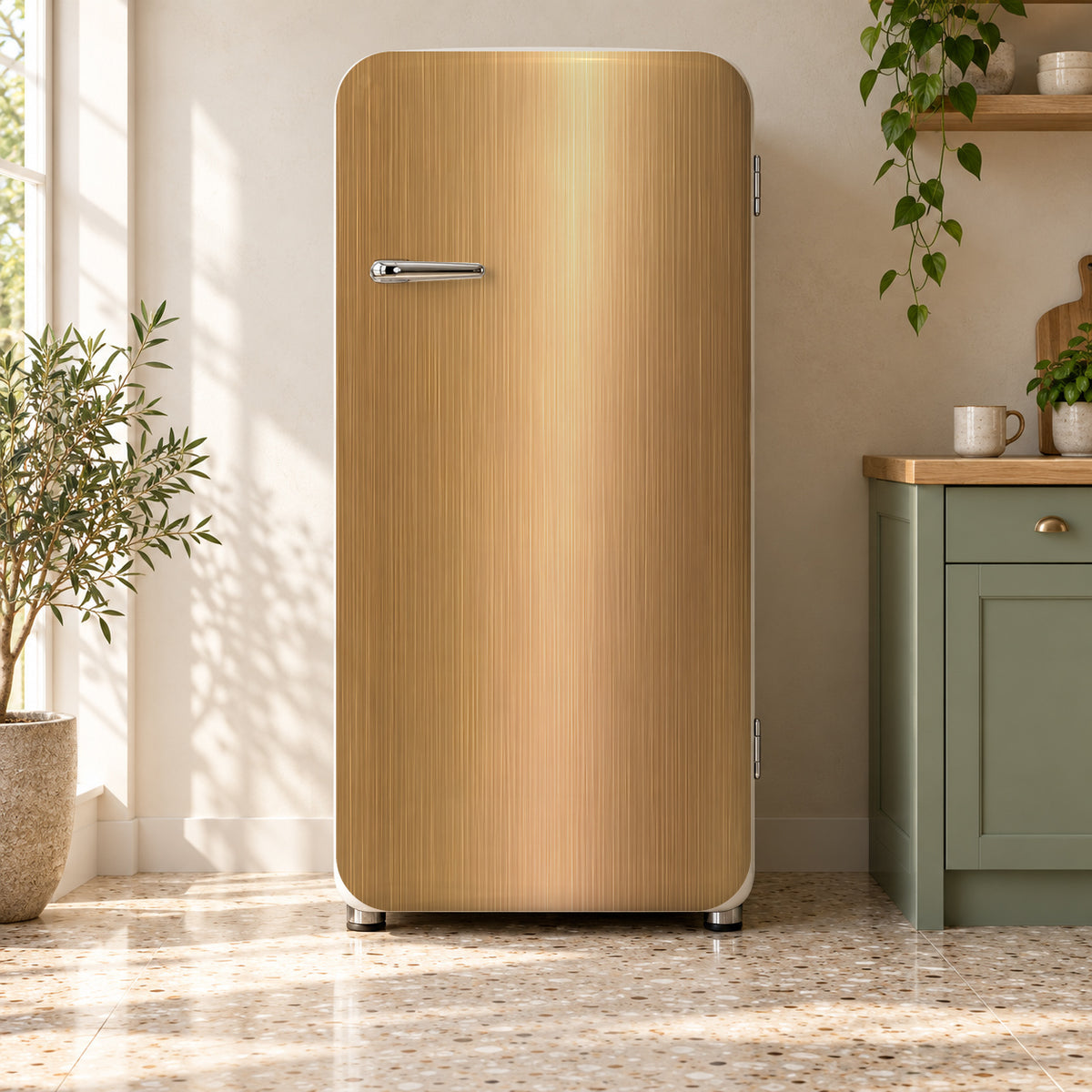 Brushed Gold Look fridge wrap on a retro refrigerator