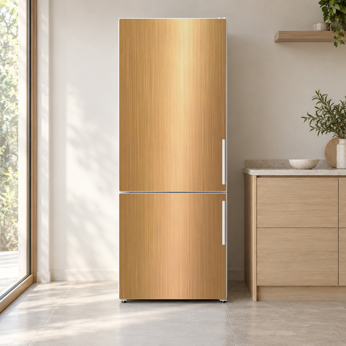 Brushed Gold Look fridge wrap on a white refrigerator in a bright kitchen