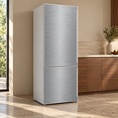 Brushed Stainless Steel Look fridge wrap, refrigerator shown at an angle