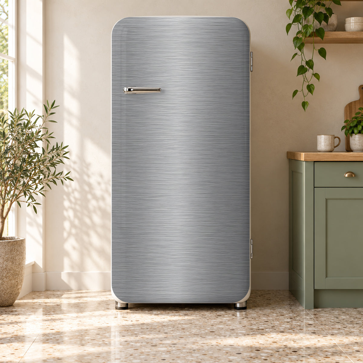 Brushed Stainless Steel Look fridge wrap on a retro refrigerator