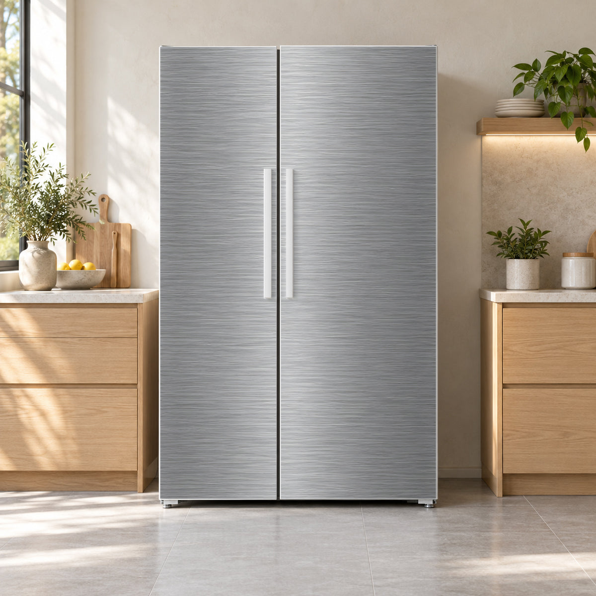 Brushed Stainless Steel Look fridge wrap on a side-by-side refrigerator
