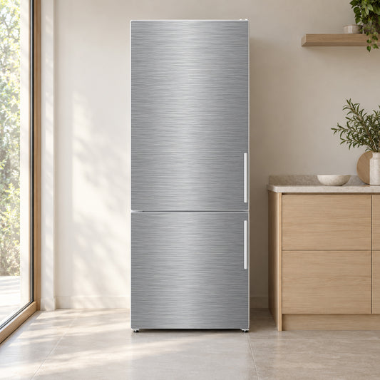 Brushed Stainless Steel Look fridge wrap on a white refrigerator in a bright kitchen