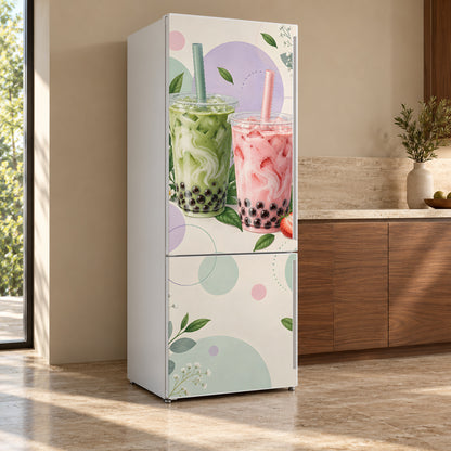 Bubble Tea fridge wrap, refrigerator shown at an angle