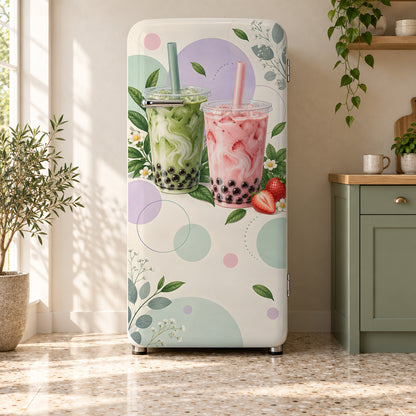 Bubble Tea fridge wrap on a retro refrigerator