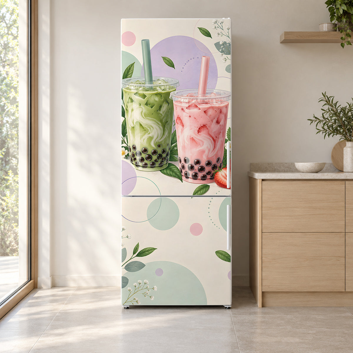 Bubble Tea fridge wrap on a white refrigerator in a bright kitchen