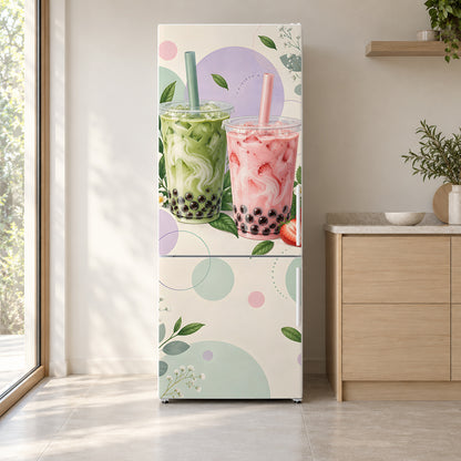 Bubble Tea fridge wrap on a white refrigerator in a bright kitchen
