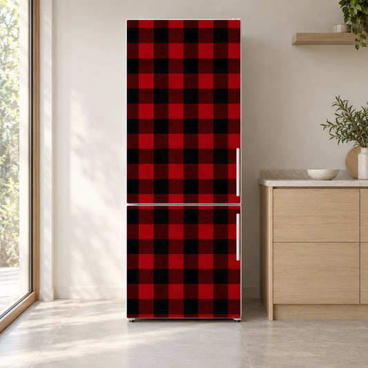 Buffalo Check Plaid fridge wrap on a white refrigerator in a bright kitchen