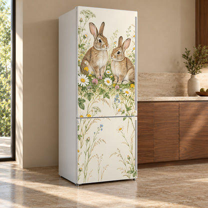 Bunnies in Wildflowers fridge wrap, refrigerator shown at an angle