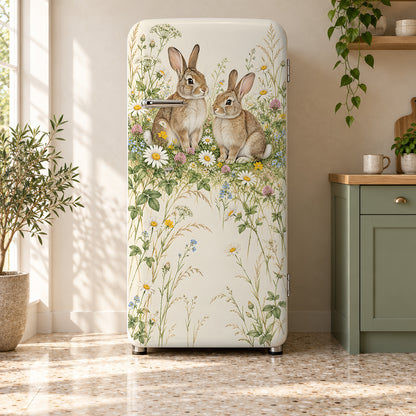 Bunnies in Wildflowers fridge wrap on a retro refrigerator