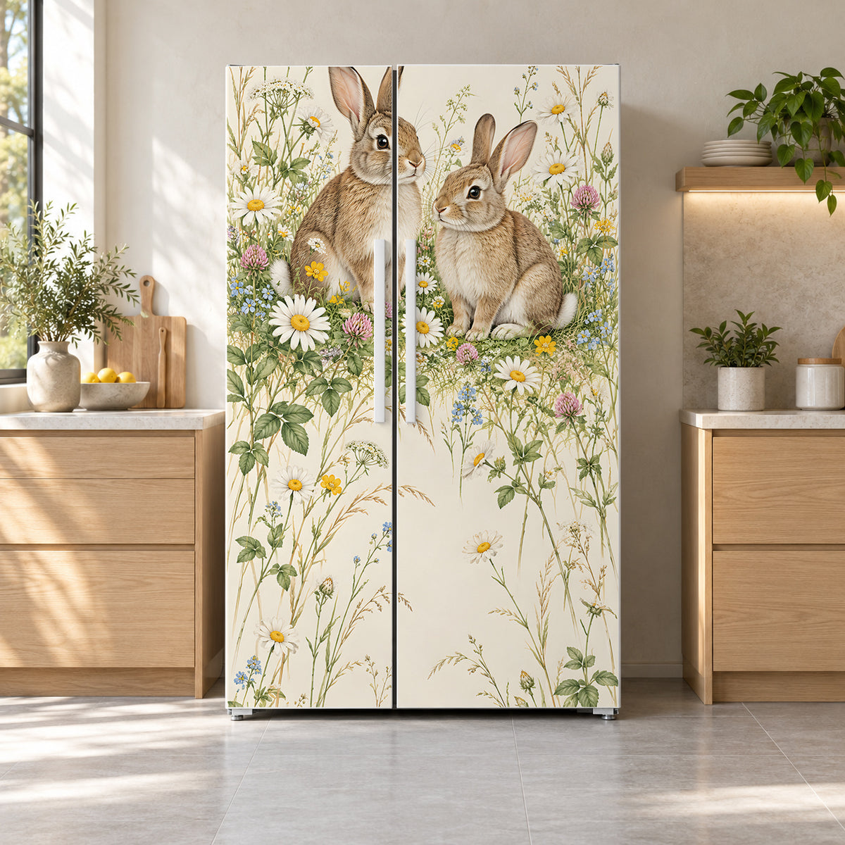 Bunnies in Wildflowers fridge wrap on a side-by-side refrigerator