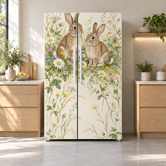 Bunnies in Wildflowers fridge wrap on a side-by-side refrigerator