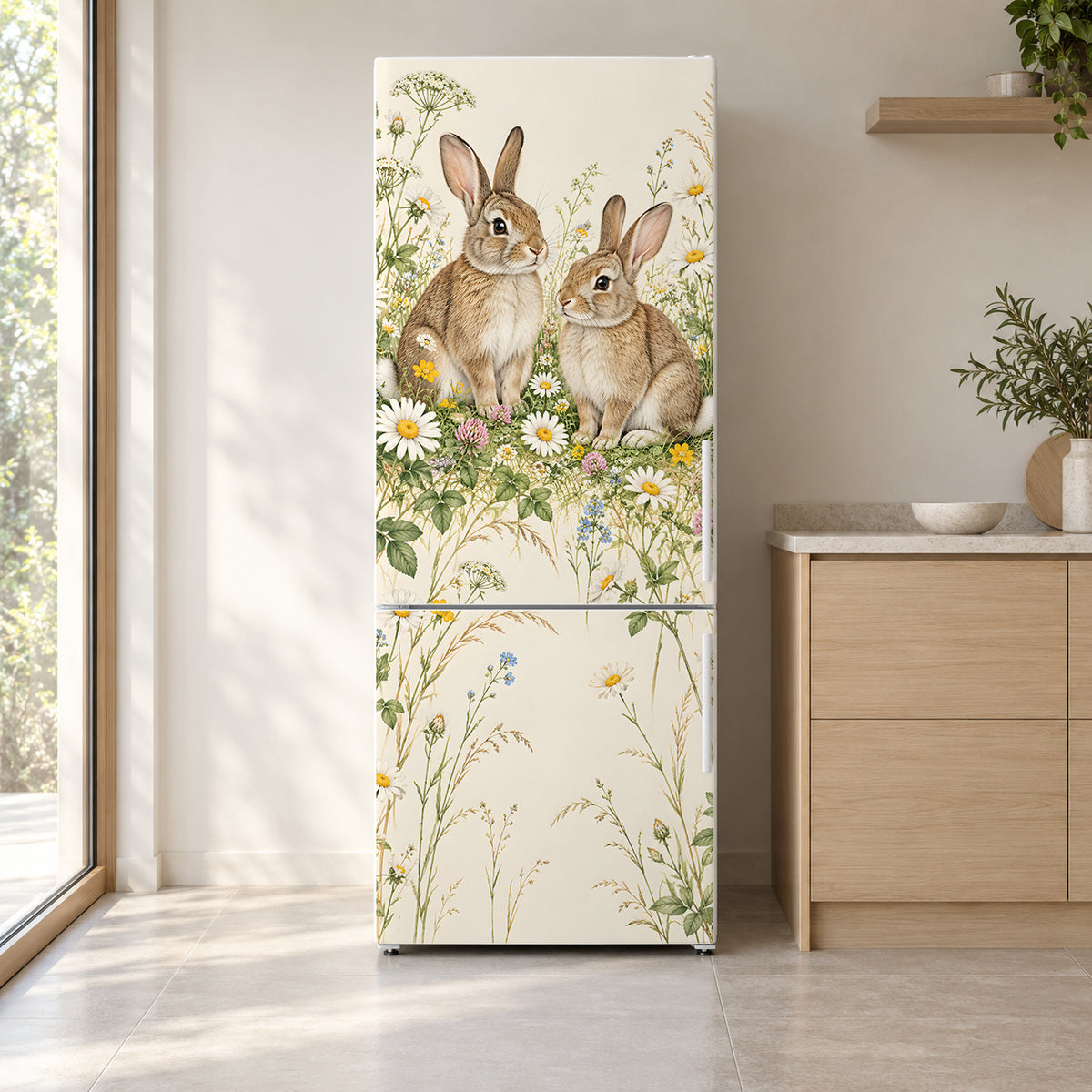 Bunnies in Wildflowers fridge wrap on a white refrigerator in a bright kitchen