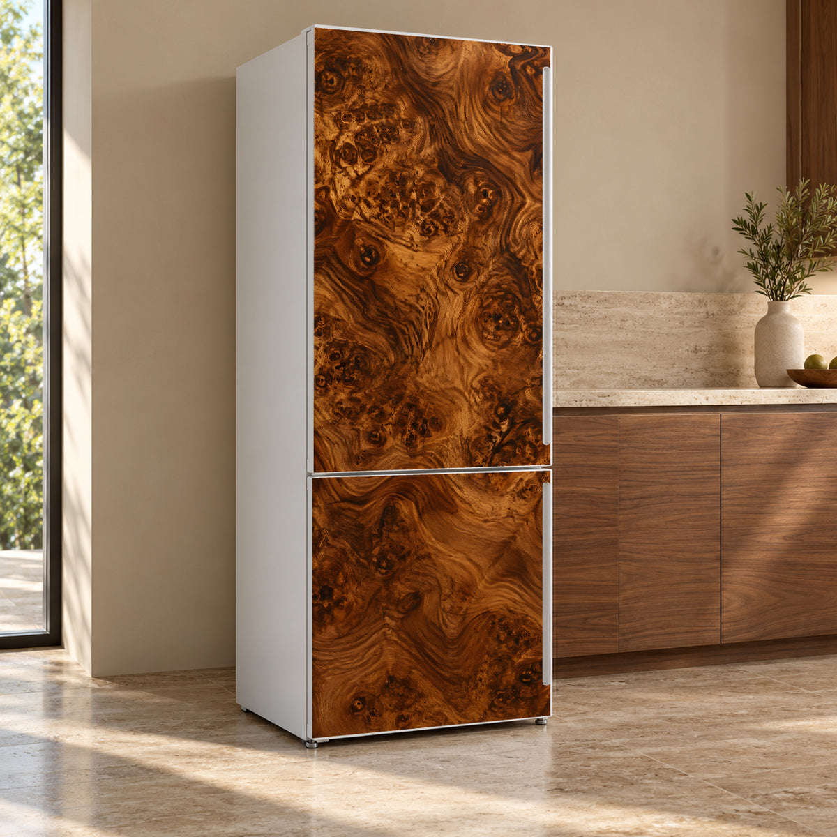 Burl Wood fridge wrap, refrigerator shown at an angle