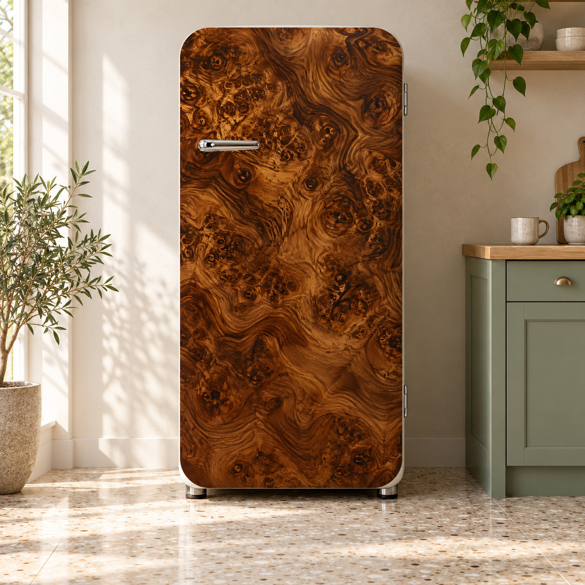 Burl Wood fridge wrap on a retro refrigerator