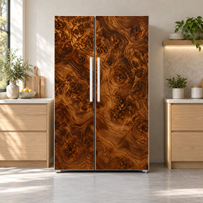 Burl Wood fridge wrap on a side-by-side refrigerator