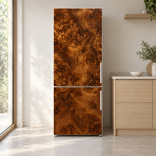 Burl Wood fridge wrap on a white refrigerator in a bright kitchen