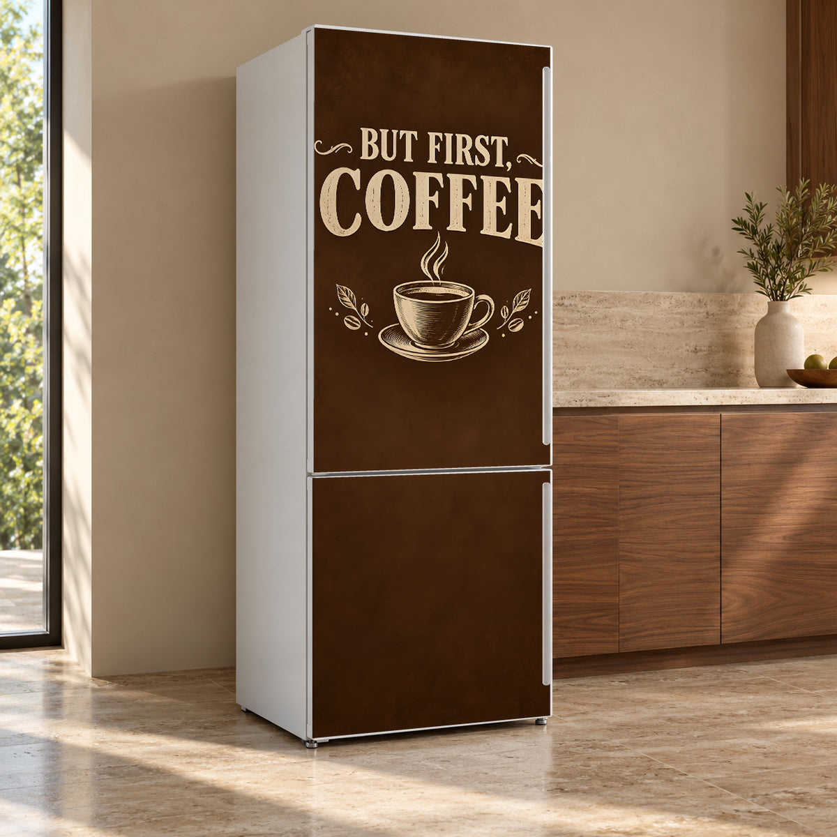 But First, Coffee fridge wrap, refrigerator shown at an angle