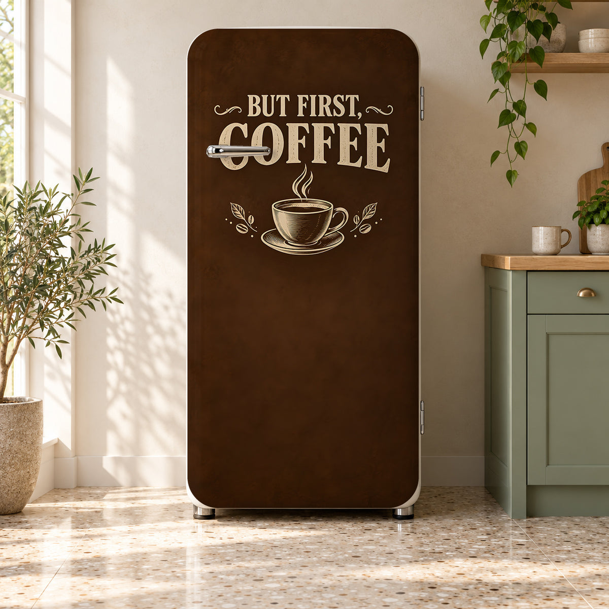 But First, Coffee fridge wrap on a retro refrigerator