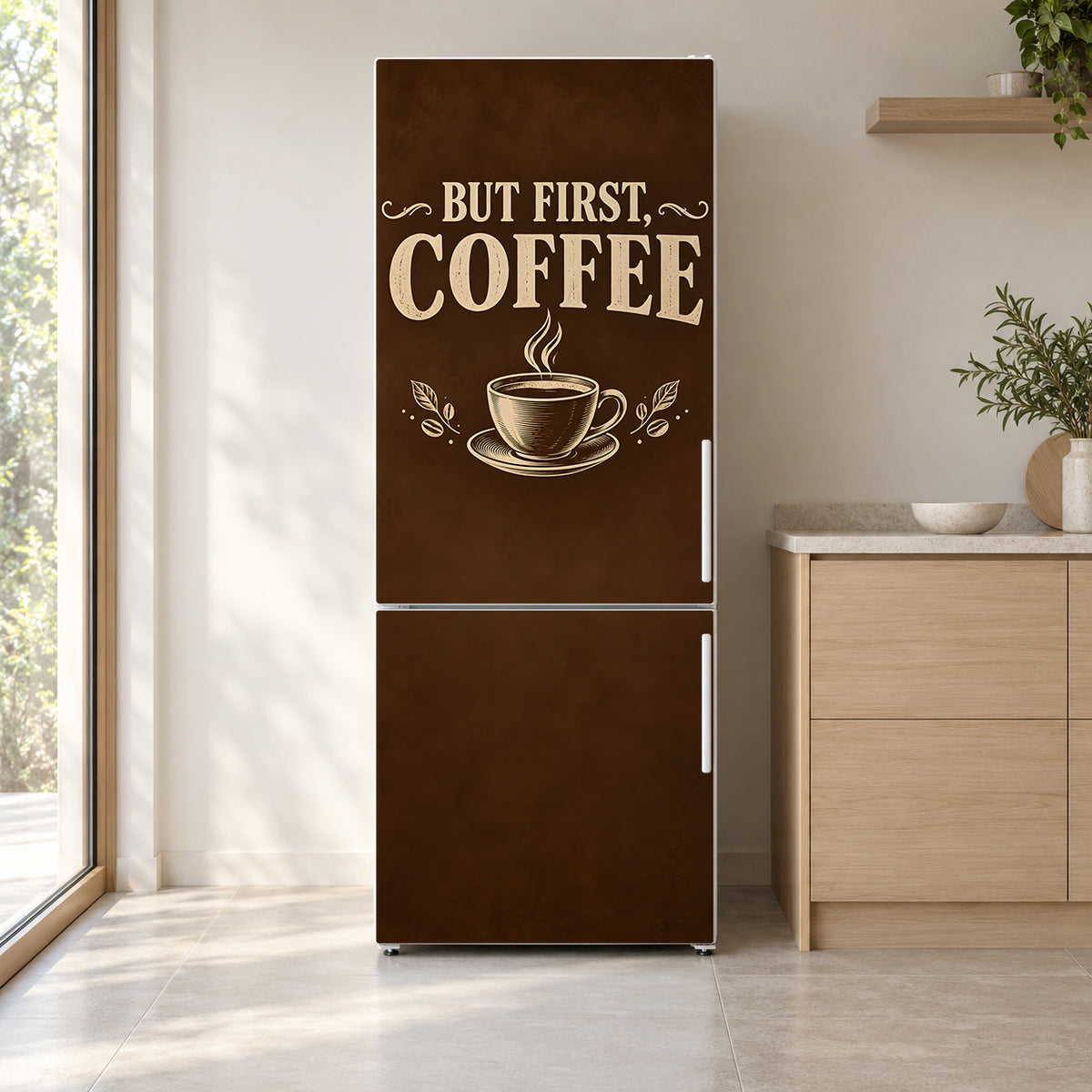 But First, Coffee fridge wrap on a white refrigerator in a bright kitchen