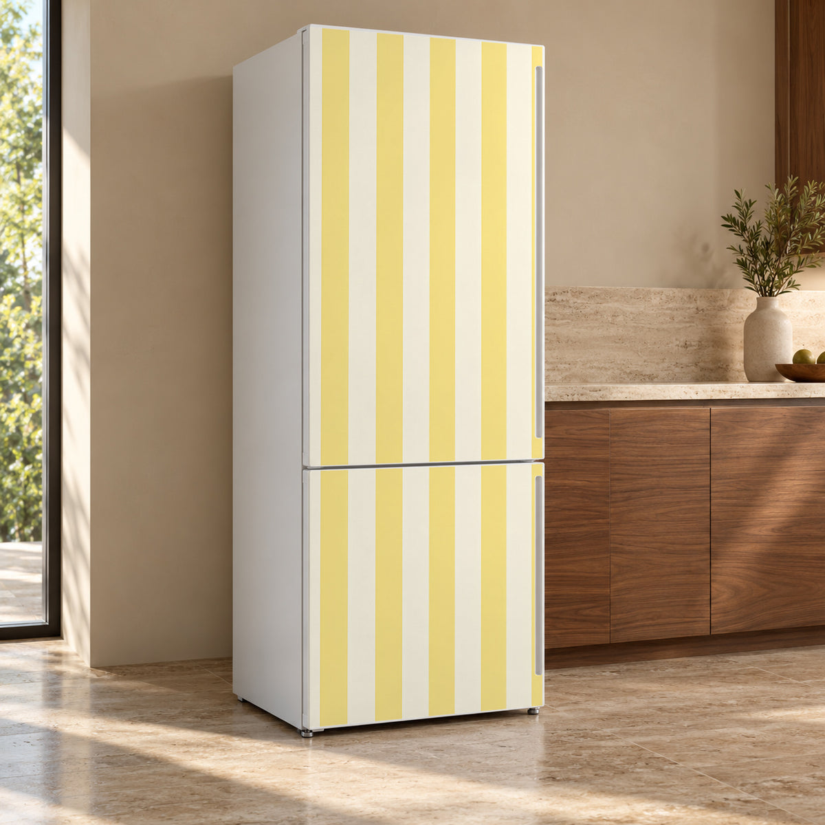 Butter Yellow Awning Stripes fridge wrap, refrigerator shown at an angle