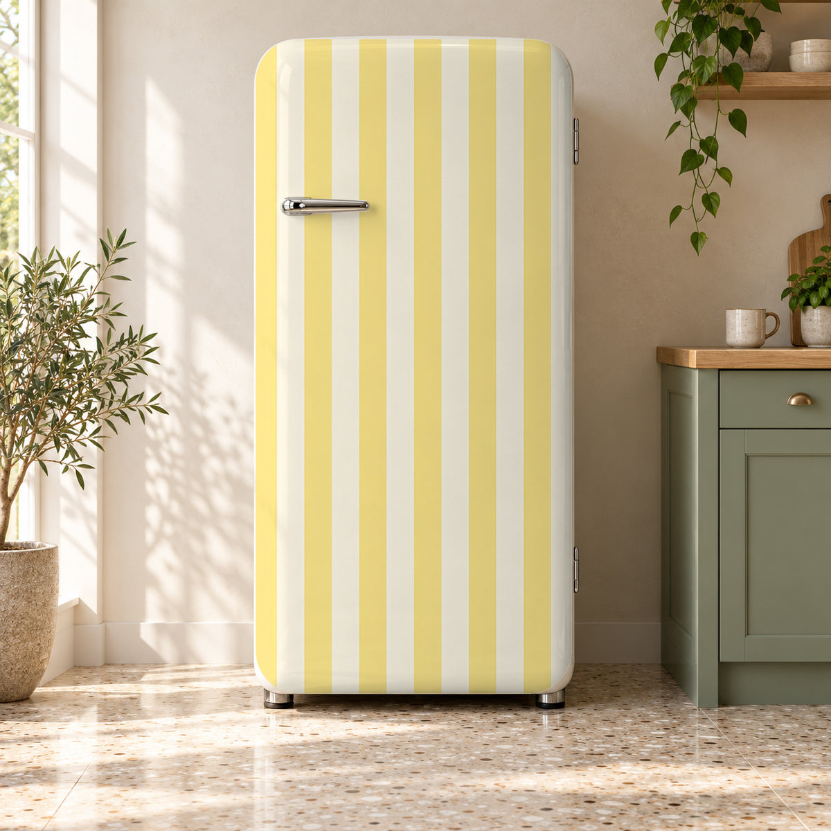 Butter Yellow Awning Stripes fridge wrap on a retro refrigerator