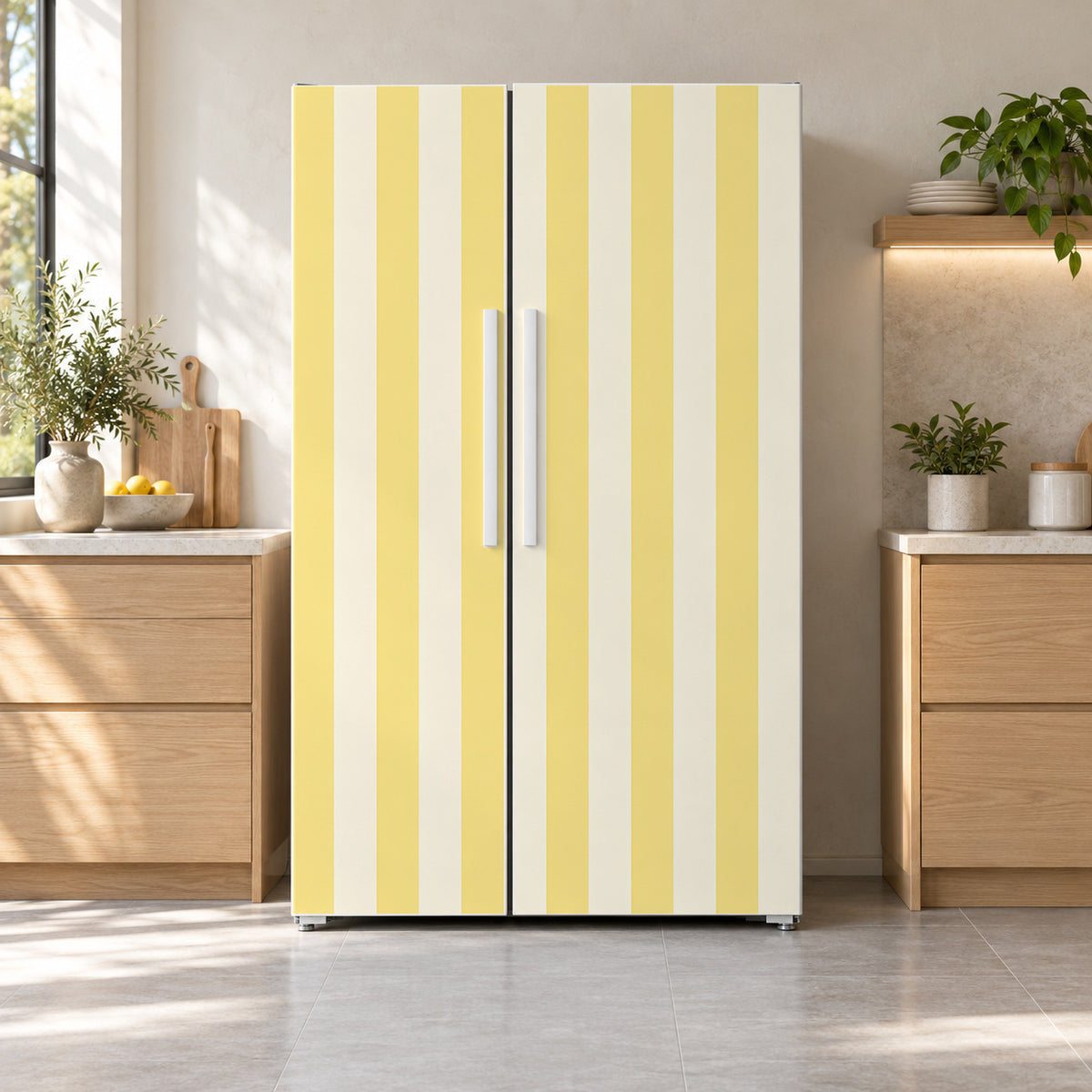 Butter Yellow Awning Stripes fridge wrap on a side-by-side refrigerator