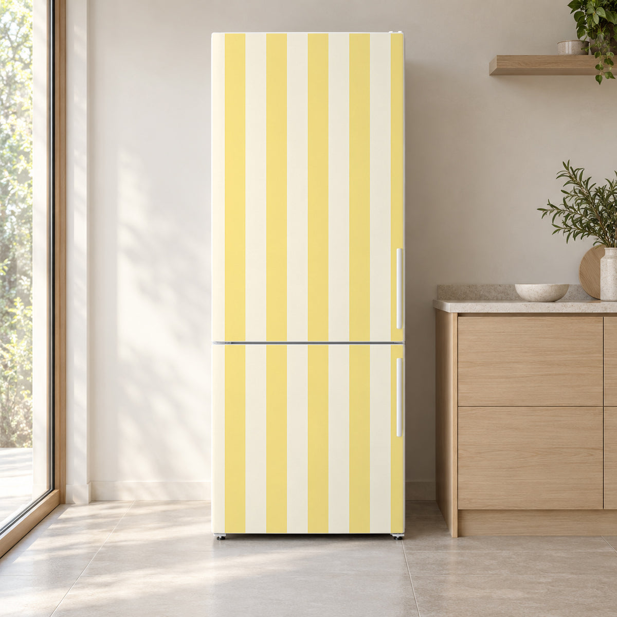 Butter Yellow Awning Stripes fridge wrap on a white refrigerator in a bright kitchen