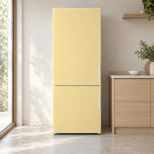 Butter Yellow fridge wrap on a white refrigerator in a bright kitchen