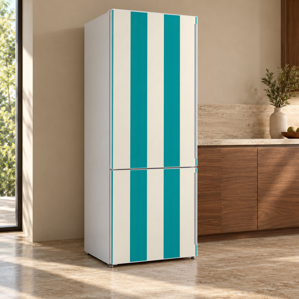 Cabana Stripes fridge wrap, refrigerator shown at an angle