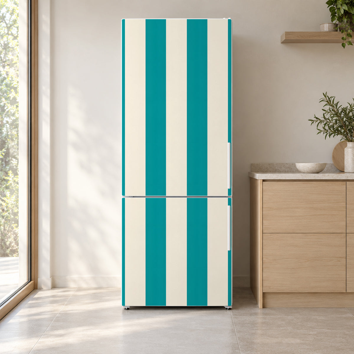 Cabana Stripes fridge wrap on a white refrigerator in a bright kitchen
