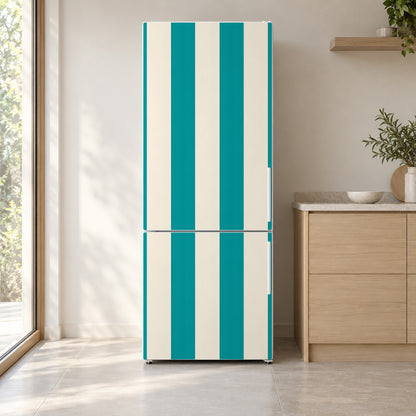 Cabana Stripes fridge wrap on a white refrigerator in a bright kitchen