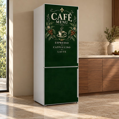 Cafe Menu Board fridge wrap, refrigerator shown at an angle
